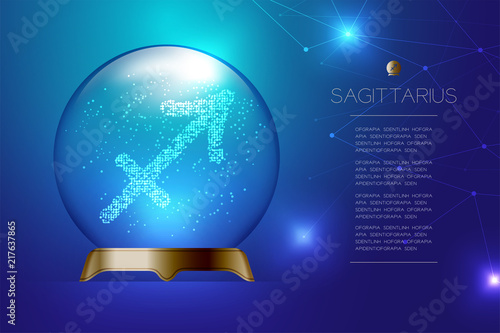 Sagittarius Zodiac sign in Magic glass ball, Fortune teller concept design illustration on blue gradient background with copy space, vector eps 10