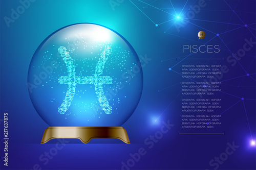 Pisces Zodiac sign in Magic glass ball, Fortune teller concept design illustration on blue gradient background with copy space, vector eps 10