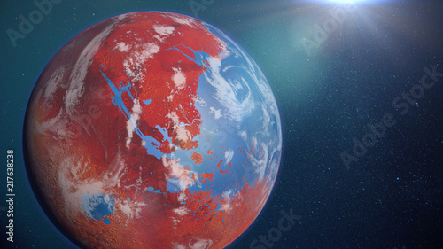 Fototapeta Naklejka Na Ścianę i Meble -  early Mars with oceans and clouds, surface water on the red planet
