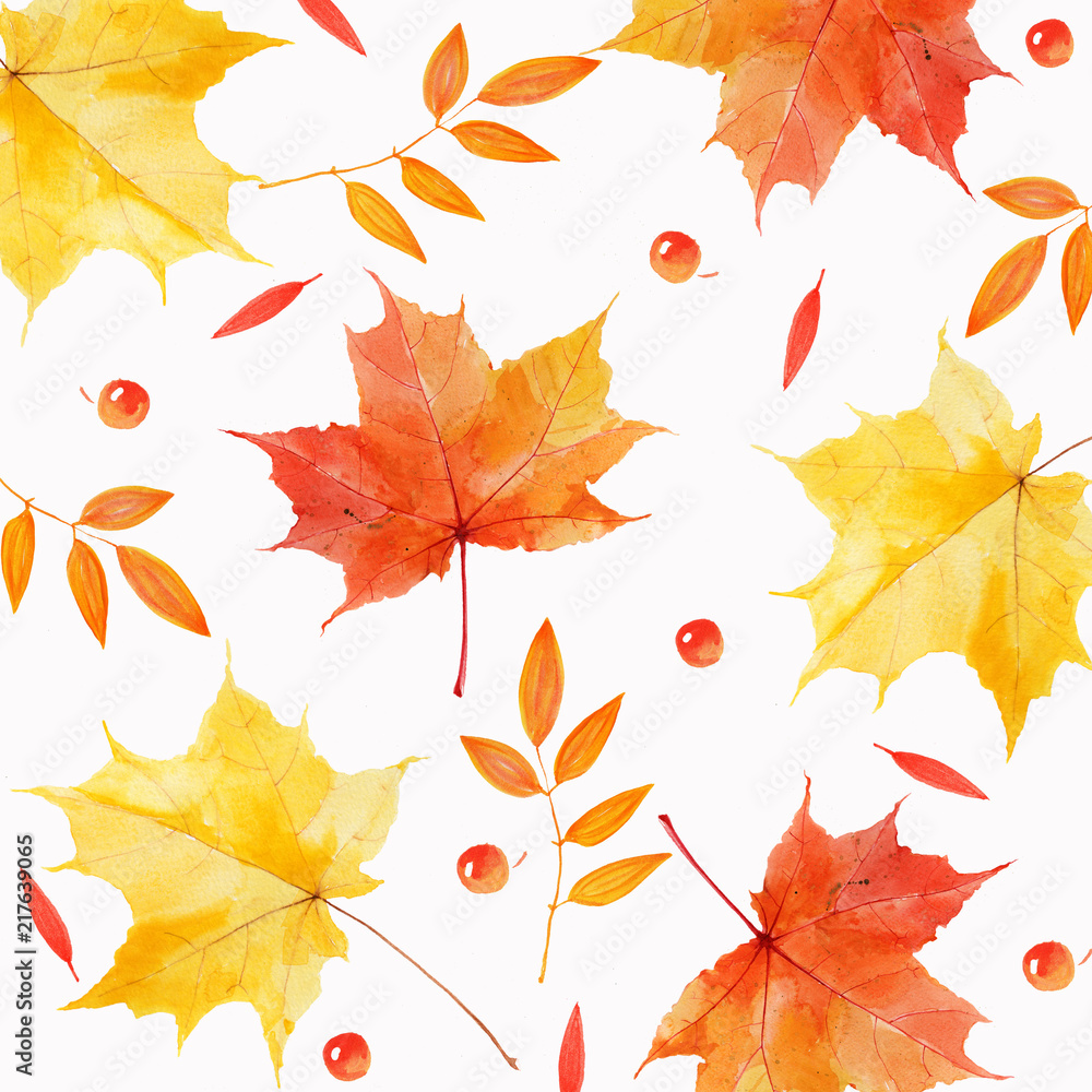 Fototapeta premium Watercolor autumnal leaves and berries abstract background
