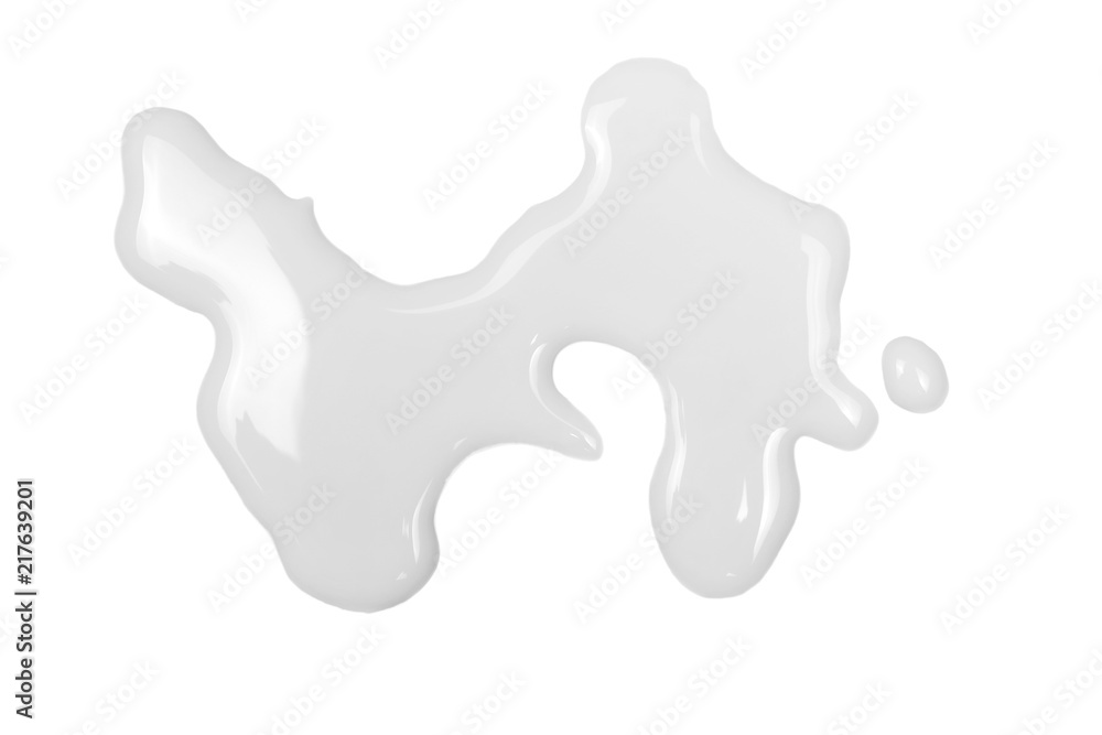 Spilled milk puddle isolated on white background and texture, top view Spilled milk puddle isolated on white background and texture, top view