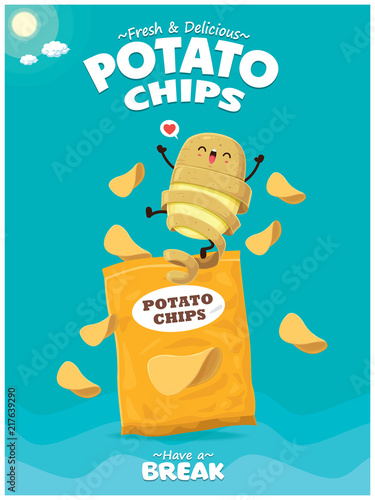 Vintage Summer poster with potato potato & chips character.