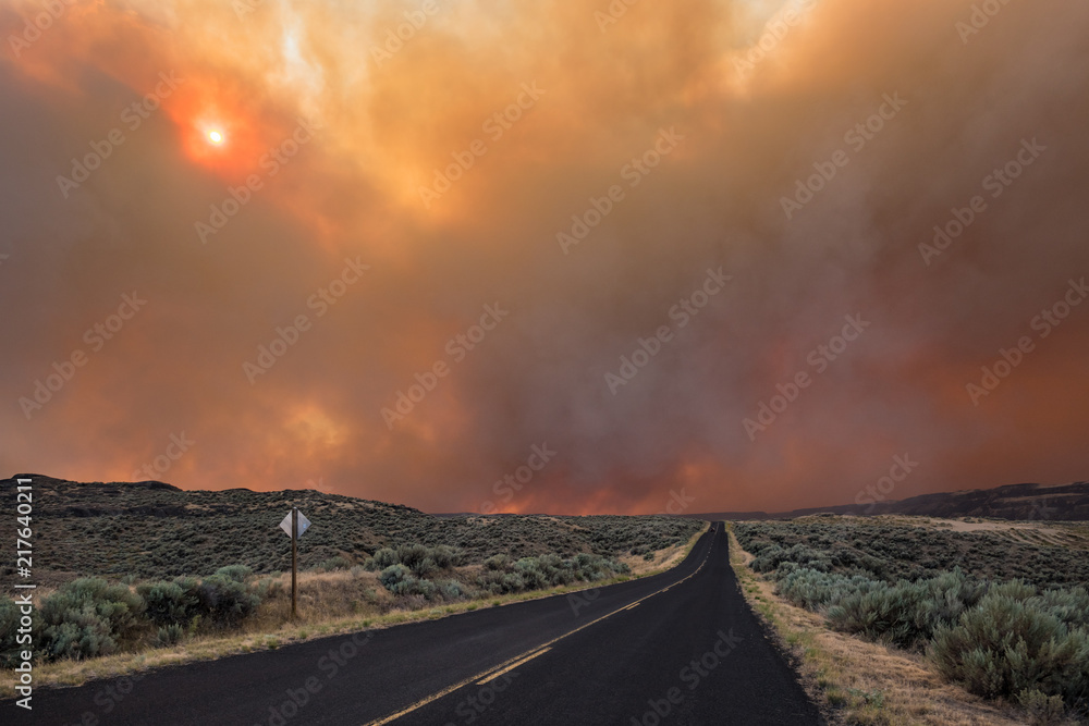Smoke Looms Over Empty Road Though Scrub Lands, Grass Valley Wild Fire, Electric City Washington