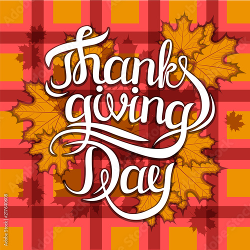 vector thanksgiving day greeting lettering phrase - happy thanksgiving day - on blur autumn background with flares.