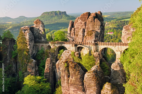 The Bastei Bridge in the Saxon Switzerland National Park, Germany.