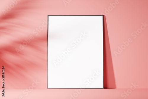 The layout of the poster is white on a pink background, minimalism. Front view. Mock up. 3d rendering photo
