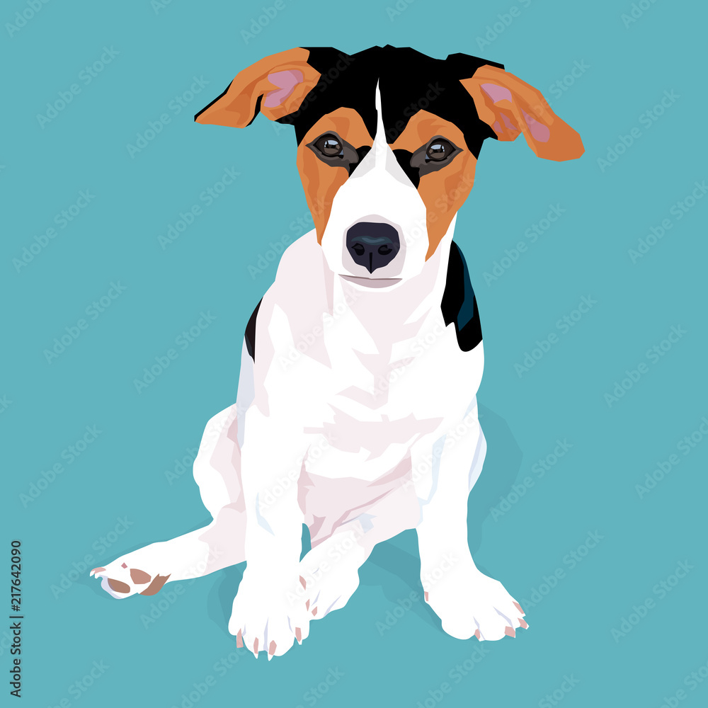 Adorable cute jack russell terrier dog sitting on blue background, vector illustration.