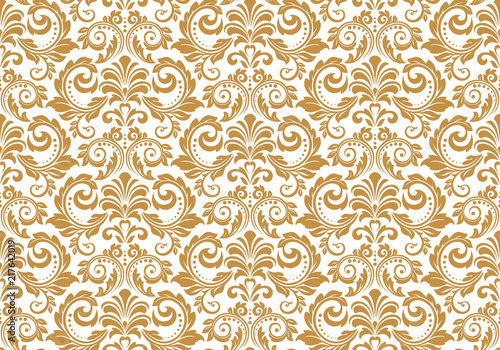 Wallpaper in the style of Baroque. Seamless vector background. White and gold floral ornament. Graphic pattern for fabric, wallpaper, packaging. Ornate Damask flower ornament