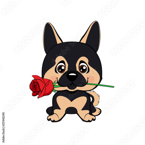 Cute puppy with a flower cartoon hand drawn vector illustration. Can be used for t-shirt print  kids wear fashion design  baby shower invitation card.