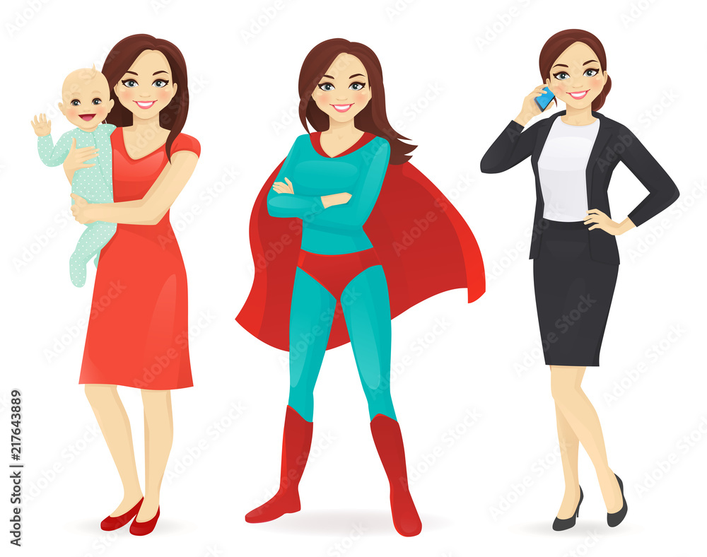 Fototapeta premium Mother with baby, businesswoman and woman in superhero costume vector illustration