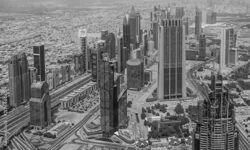 Black and white shot of downtown Dubai as seen from the observation deck of the Burj Khalifa worlds tallest building