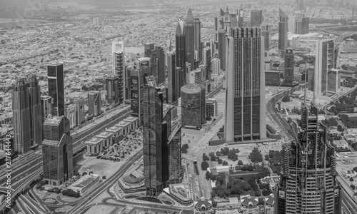 Black and white shot of downtown Dubai as seen from the observation deck of the Burj Khalifa worlds tallest building
