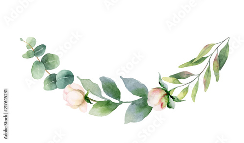 Naklejka na ścianę Akwarela wektor ręcznie malowany wieniec różowe kwiaty i liście zielone.