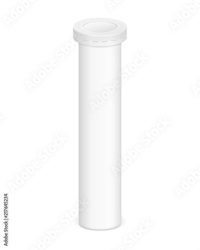 Vector realistic image (mock-up, layout, template) of packaging (aluminum bottle and cap) for vitamins, tablets, pills, view in perspective The image is created using a gradient mesh. Vector EPS 10