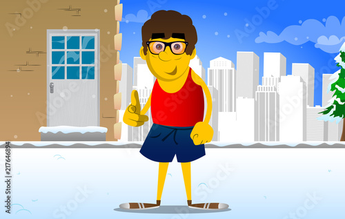 Yellow man pointing at the viewer with his hand. Vector cartoon illustration.