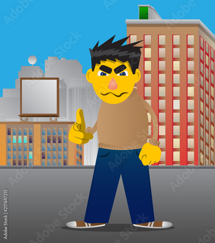 Yellow man pointing at the viewer with his hand. Vector cartoon illustration.