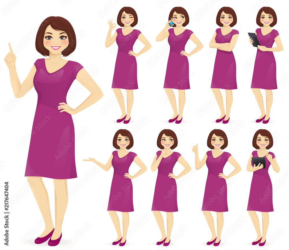 Woman character in dress set with different gestures isolated