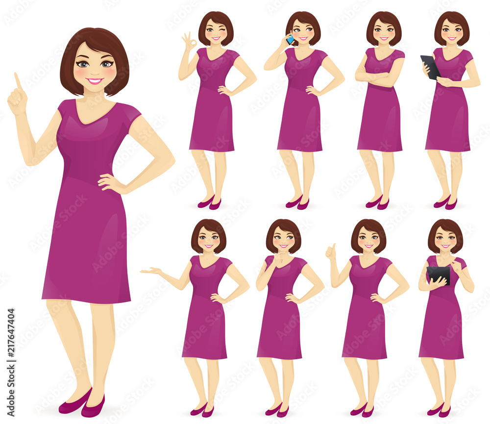 Woman character in dress set with different gestures isolated Woman character in dress set with different gestures isolated