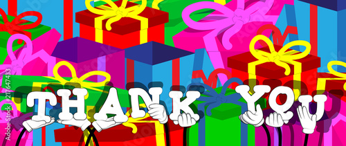 Diverse hands holding letters of the alphabet created the word Thank You. Vector illustration.
