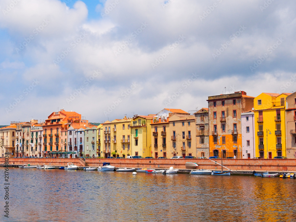 River embankment in the city of Bosa with colorful, typical Italian houses. province of Oristano, Sardinia, Italy.