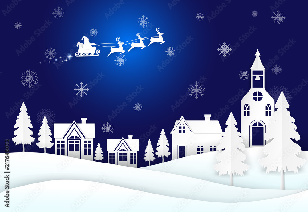 Santa on night sky and snowflake, Christmas season paper art style illustration