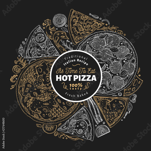 Pizza design template. Hand drawn vector fast food illustration on chalk board. Sketch style vintage Italian pizza background.