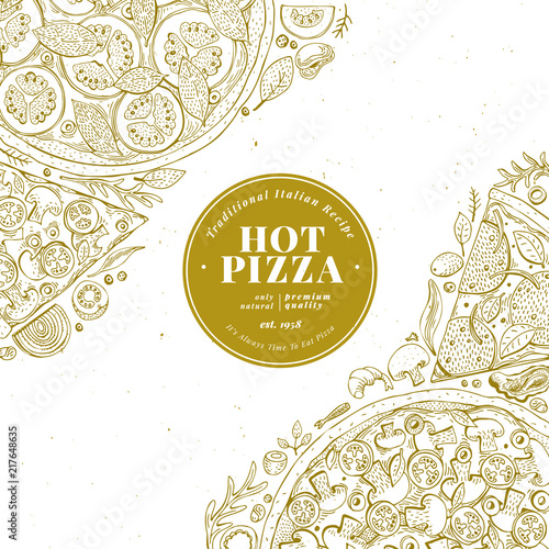 Pizza design template. Hand drawn vector fast food illustration. Sketch style vintage Italian pizza background.