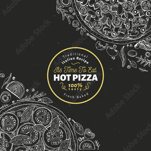 Pizza design template. Hand drawn vector fast food illustration on chalk board. Sketch style vintage Italian pizza background.