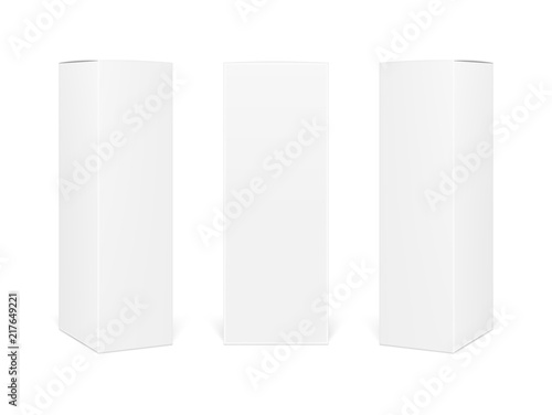 Realistic image (mock-up, layout) of a rectangular paper box, positioned vertically, front view and perspective view. 