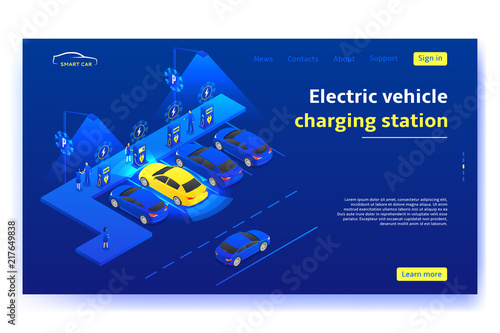 Electric vehicle charging station concept. Smart electric car charges on station in modern city. Isometric vector illustration.