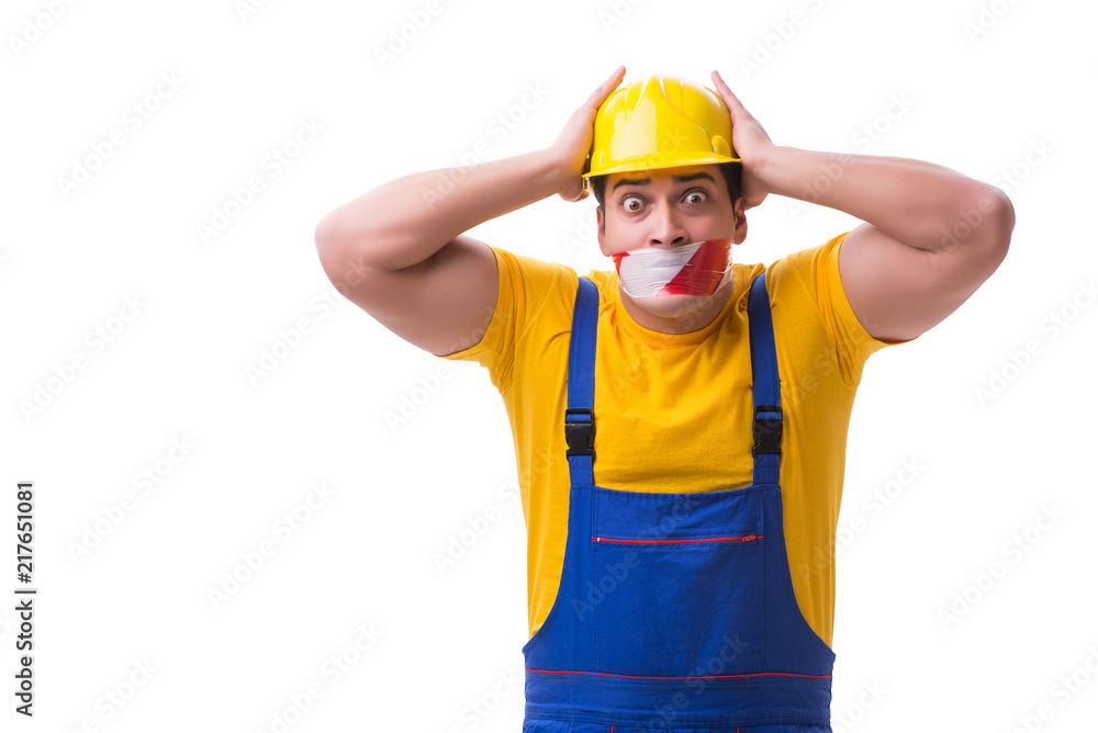 Funny worker wearing coveralls with tape Funny worker wearing coveralls with tape