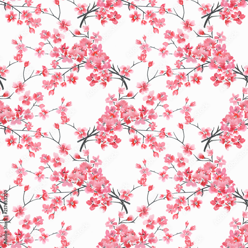 Fototapeta premium Seamless floral pattern. watercolor branches of cherry blossoms on a white background. 