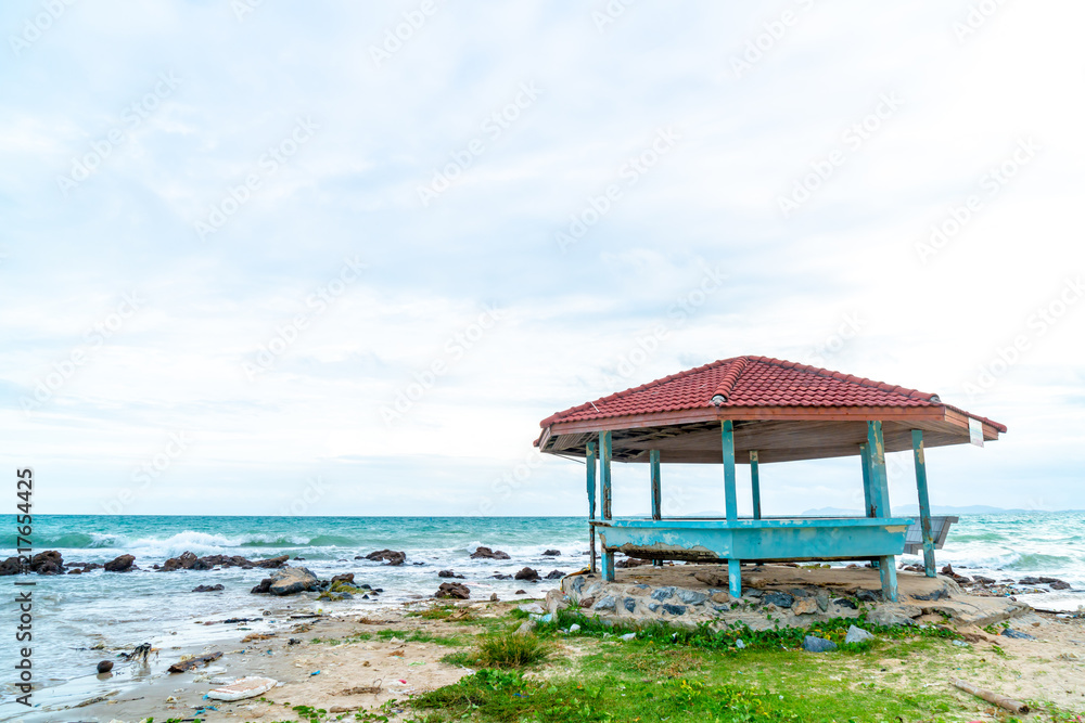 wood pavilion with beach and sea background wood pavilion with beach and sea background