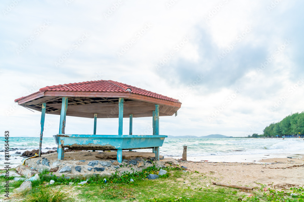 wood pavilion with beach and sea background wood pavilion with beach and sea background