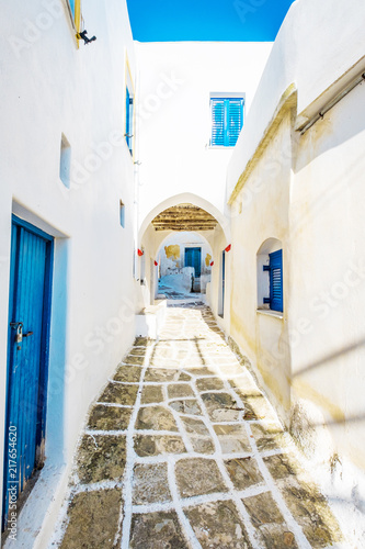 Scenic view of an old narrow stone paved lane with white houses, blue doors and an arch, Lefkes, Greece