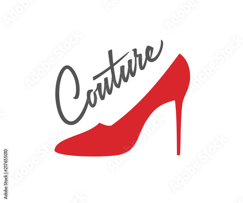 Couture logo design. Vector sign lettering with red shoe on hill. Logotype calligraphy
