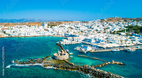 Ancient ruins of Venetian castle in the harbor of Naoussa town, view from above, Paros island, Greece photo
