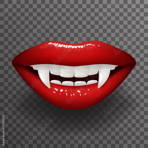Vampire tooth stylish woman lips slightly open mouth fashion mockup transparent background design vector illustration