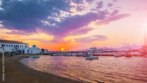 amazing view to Mykonos embankment at sunset, Greece