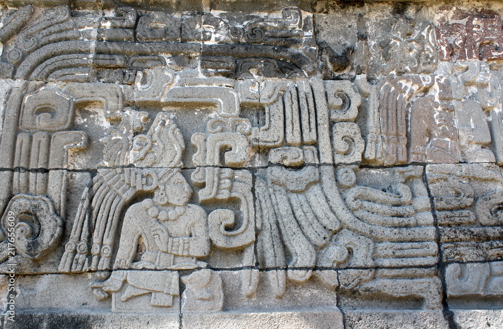 Bas-relief carving with of a american indian chieftain, Xochicalco, Mexico