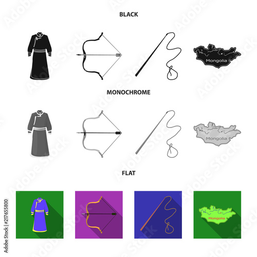 .mongol dressing gown, battle bow, theria on the map, Urga, Khlyst. Mongolia set collection icons in black, flat, monochrome style vector symbol stock illustration web.