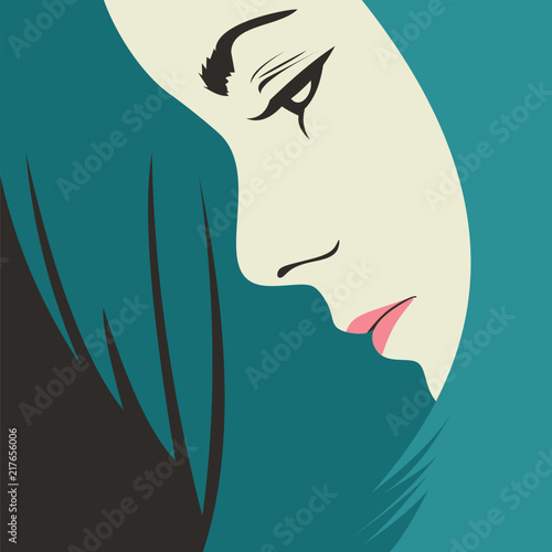 Girl face with blue hair modern style. Pretty and beauty square background for poster and banner.