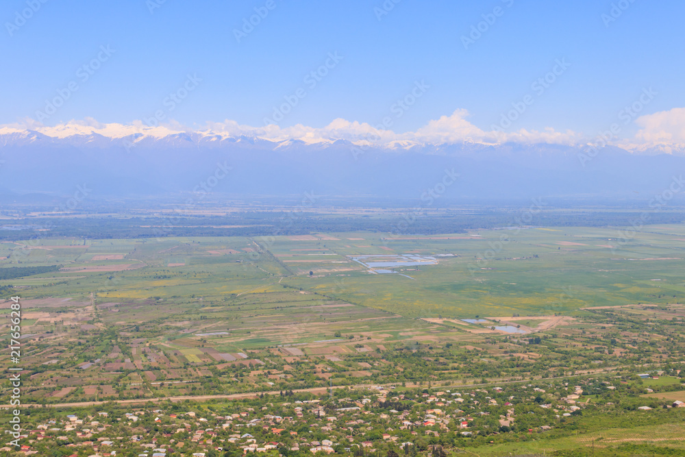 View on Alazani valley and Caucasus mountains from Sighnaghi, Kakheti, Georgia