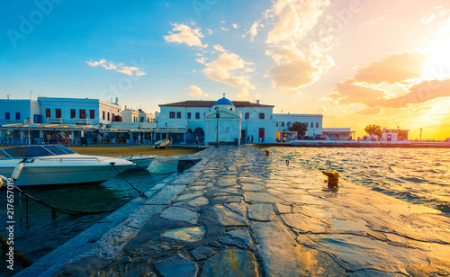 View of pier at sunset at Mykonos island