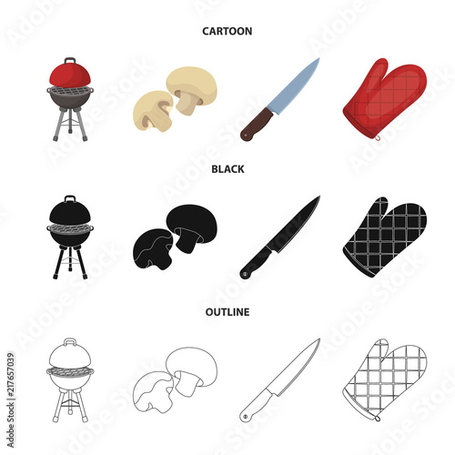 Barbeque grill, champignons, knife, barbecue mitten.BBQ set collection icons in cartoon,black,outline style vector symbol stock illustration,web