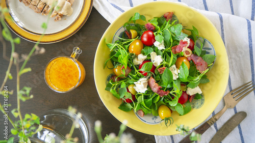 Fotografie Healthy Watercress salad with tomato and cheese, top view/OLYMPUS DIGITAL CAMERA