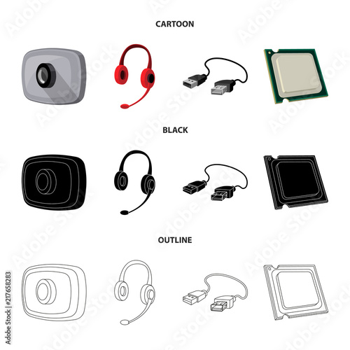 Webcam, headphones, USB cable, processor. Personal computer set collection icons in cartoon,black,outline style vector symbol stock illustration web.
