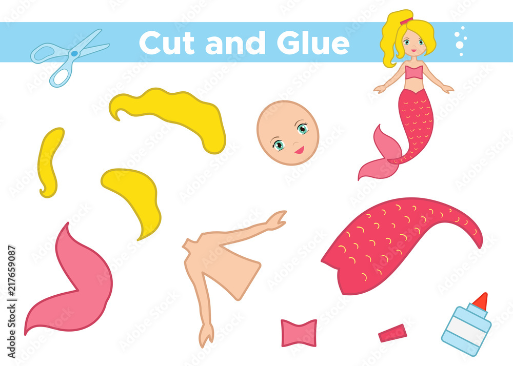 Vetor de Create a mermaid. Educational paper game for preschool kids