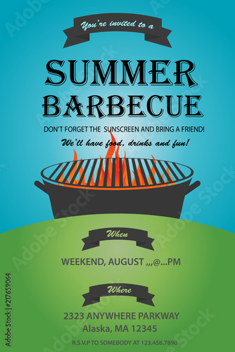 BBQ party invitation template. Summer Barbecue weekend flyer. Grill illustration with food sketches . Design template for menu, poster, announcement. Vector eps 10. Barbecue party vector flyer or post