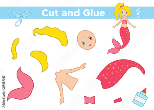 Create a mermaid. Educational paper game for preschool kids. Cut and glue. Vector illustration